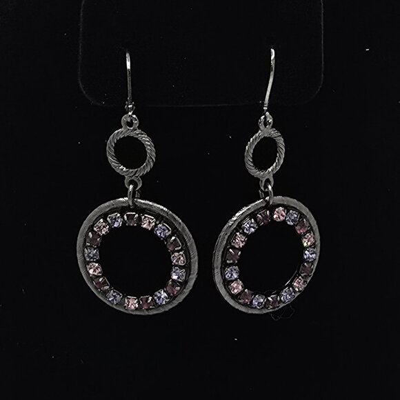 Vintage Black-tone Metal Purple Pink Rhinestone Circle Dangling Earrings - Picture 1 of 4